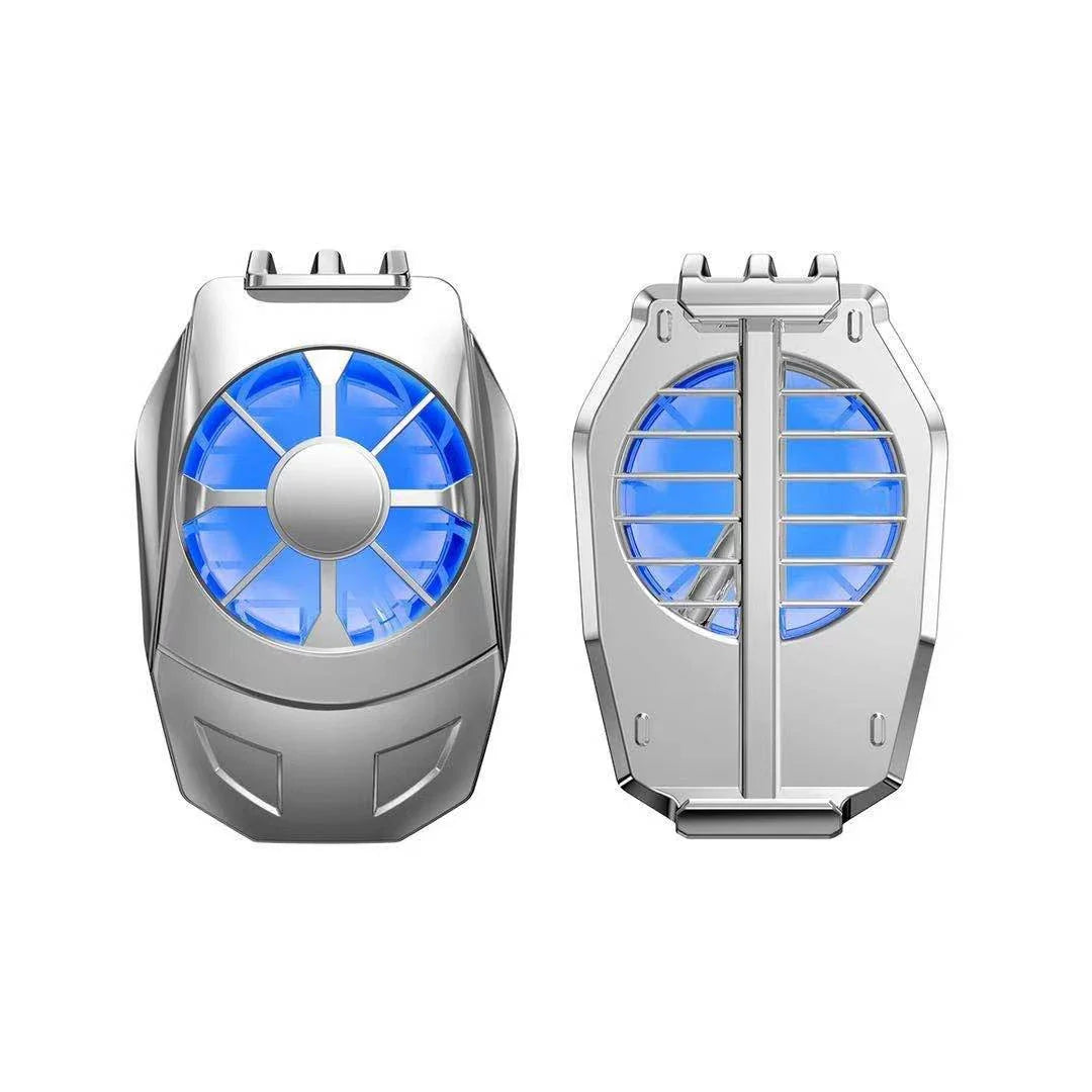 Powerful mobile phone cooling fan with stand and gamepad holder, featuring a 9-blade fan, turbine exhaust technology, and a compact, universal design for optimal mobile gaming performance.