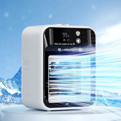 Ivory white USB portable air cooler with water tank and touchscreen display for personal cooling