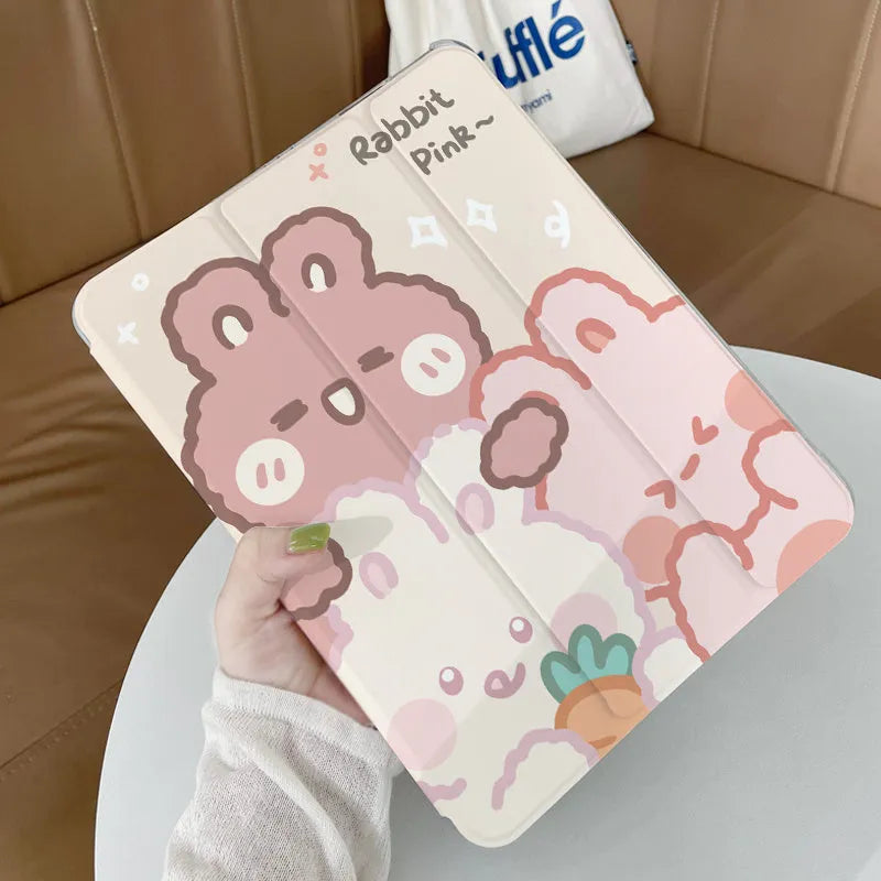 Rabbit Flat Tri-Fold Protective Case for iPad in silicone with cartoon design, showing tri-fold stand and compatibility with multiple models.