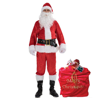 Premium Santa Claus costume with red and white design, including hat, top, pants, belt, boot covers, gloves, and beard