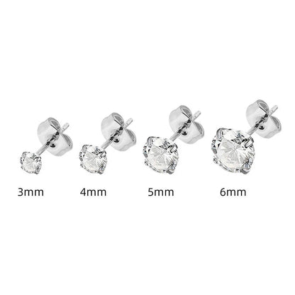 Simple geometric square and round zircon stud earrings in stainless steel with gold and steel colour finishes.