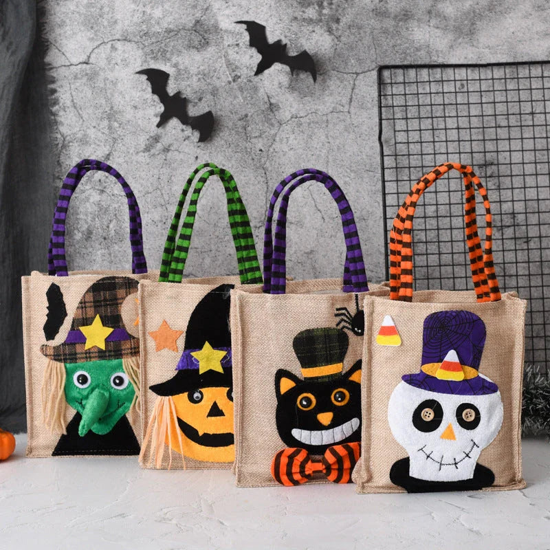 Charming Halloween tote bag made of high-quality fabric with cartoon designs, perfect for carrying candy, gifts, and other holiday essentials