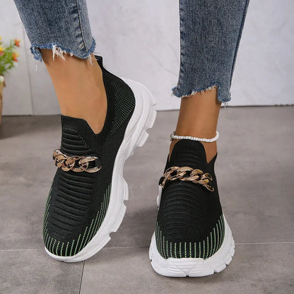 Women's chain mesh slip-on flat shoes with fly weaving upper and chunky EVA sole in beige, black, or orange