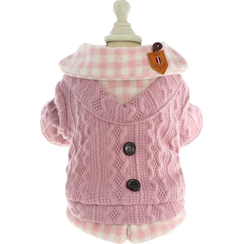 Blue wool plaid dog sweater with fleece lining showing fake two-piece design on model dog