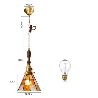 Japanese retro brass and glass chandelier with hand-blown shades and walnut wood details