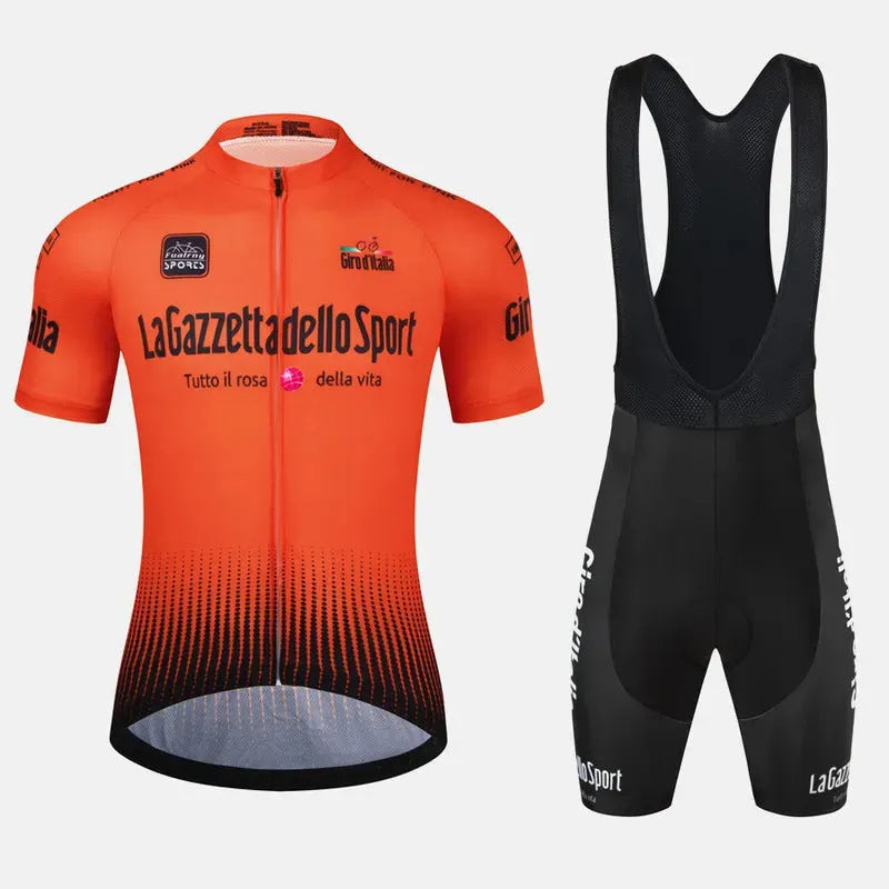 Close-up of a cyclist wearing a patterned quick-dry short sleeve cycling suit in a summer landscape.