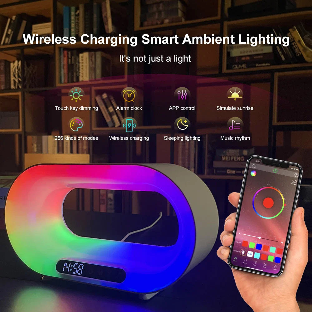 Multifunctional wireless charging desk lamp with dimmable RGB LED lighting, alarm clock, and fast wireless charging pad