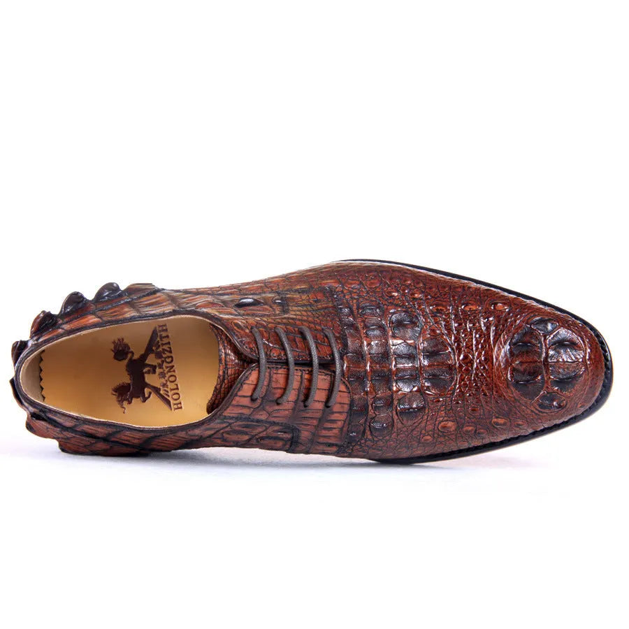 Men's brown crocodile skin leather dress shoes, low upper, breathable, business Korean style, sizes 38-47.