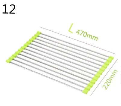 Folding stainless steel kitchen drain rack with coloured plastic tubes, shown open for use.