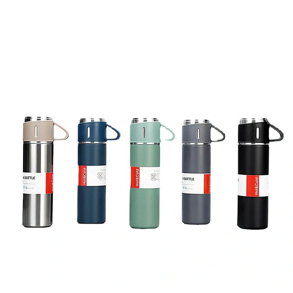 Pink stainless steel vacuum water cup with straight design showing 500ml capacity and gift box packaging
