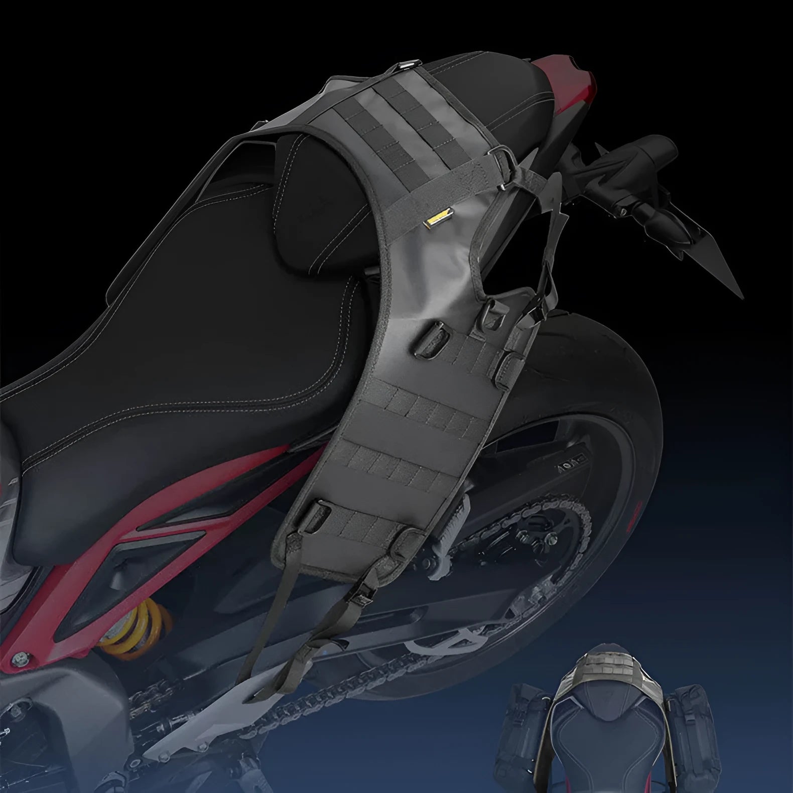 Black polyester motorcycle fuel tank mount base measuring 100cm by 40cm with side storage panels