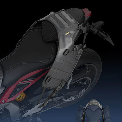 Black polyester motorcycle fuel tank mount base measuring 100cm by 40cm with side storage panels