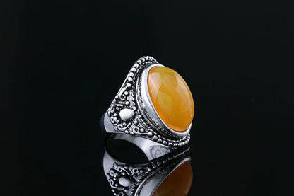 Retro geometric alloy ring with antique silver electroplating and fluorescent beeswax amber detail