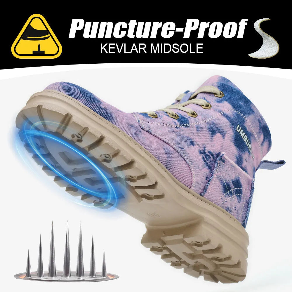 Women's canvas safety shoes with steel toe cap, Kevlar anti-puncture sole, purple and blue, sizes CN35 to CN42
