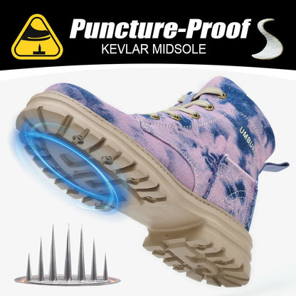 Women's canvas safety shoes with steel toe cap, Kevlar anti-puncture sole, purple and blue, sizes CN35 to CN42