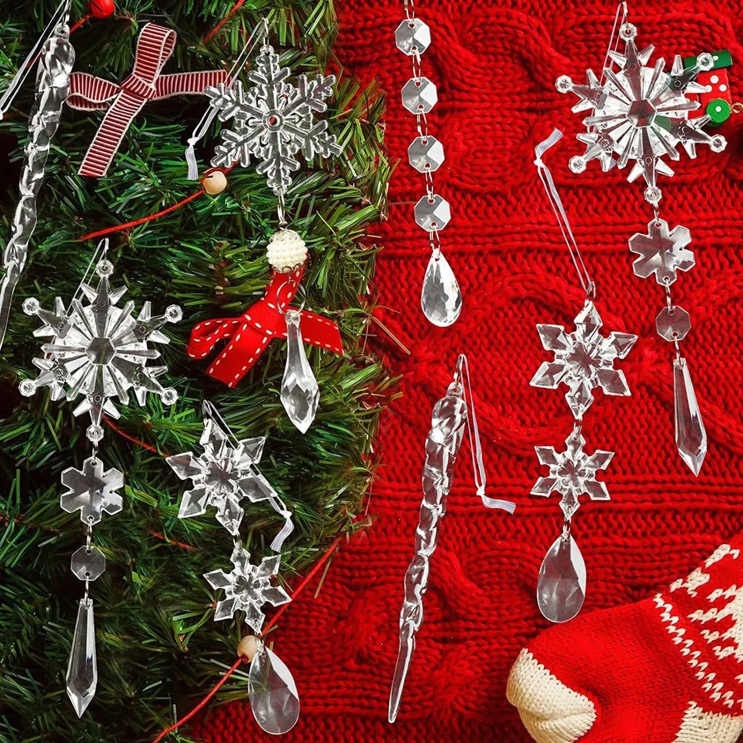 Ten clear acrylic icicle-shaped Christmas tree ornaments with white ribbon loops on a festive branch.