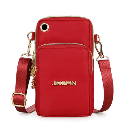Nylon small crossbody shoulder bag with 3-layer zipper, card slot, square vertical shape, letter pattern, in red, dark blue, black or dark purple.