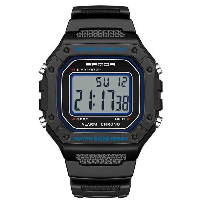 Waterproof electronic watch in multiple colour options including black, blue, green, white, and red combinations