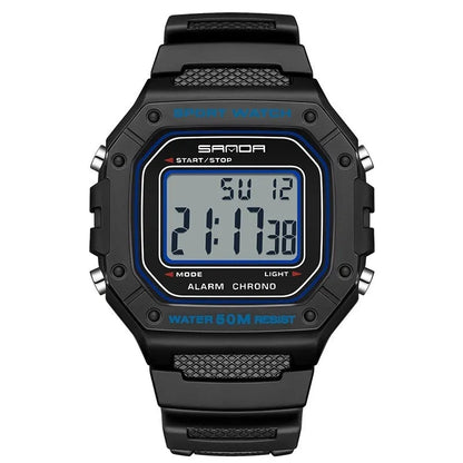 Waterproof electronic watch in multiple colour options including black, blue, green, white, and red combinations