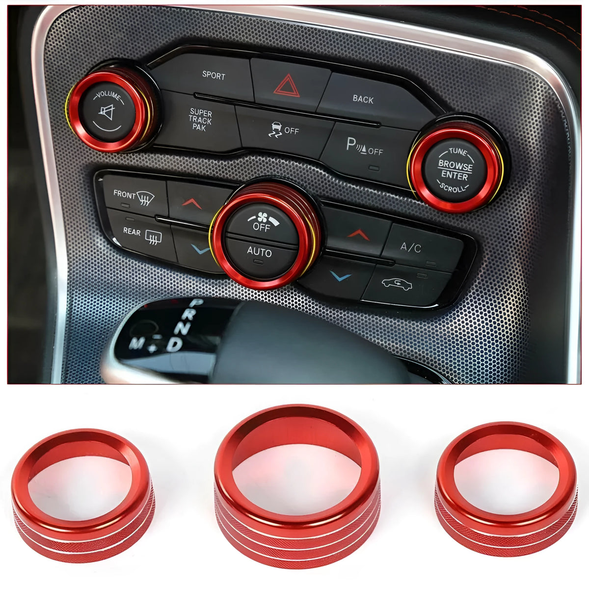 Aluminium alloy decorative ring for Dodge Challenger and Grand Cherokee air conditioning knobs in multiple colours.