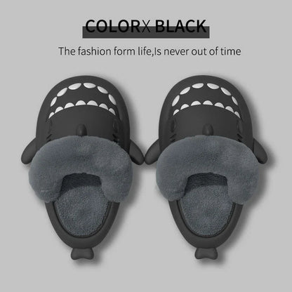 Cozy shark-inspired slippers with plush material and durable EVA soles for comfortable indoor and outdoor wear