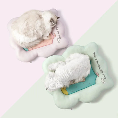 Ice silk pet cooling mat in green and pink colours showing four size options for dogs and cats