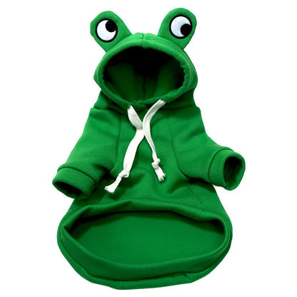 Green frog costume hoodie on small dog showing hood and four-leg design