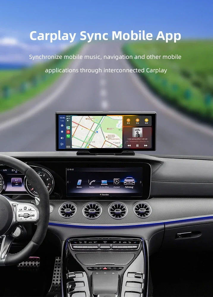10.26 inch wireless CarPlay car recorder with 140° wide-angle lens on vehicle dashboard