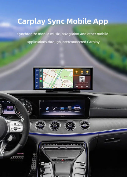 10.26 inch wireless CarPlay car recorder with 140° wide-angle lens on vehicle dashboard