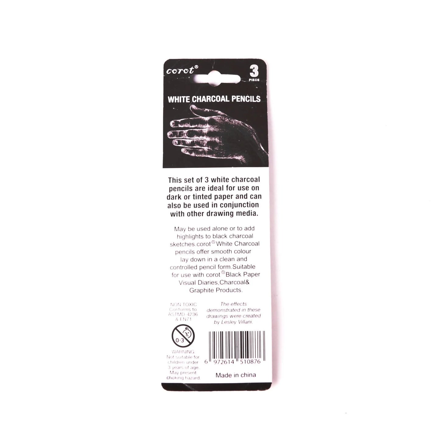 Three white charcoal pencils with wooden barrels for sketching on dark paper, 144 sets per box