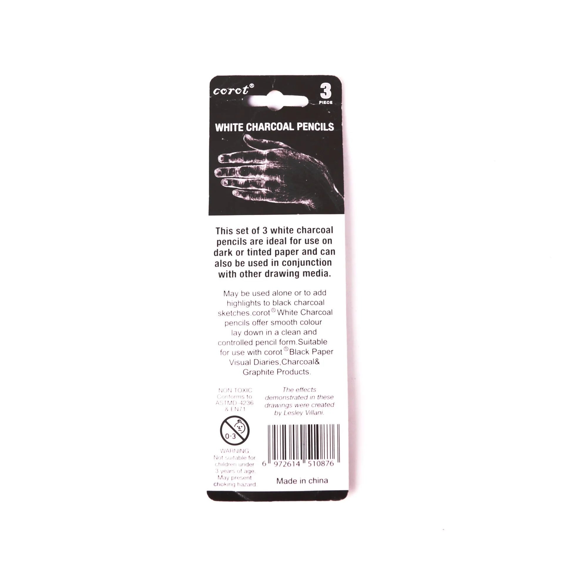 Three white charcoal pencils with wooden barrels for sketching on dark paper, 144 sets per box