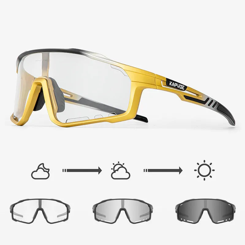 Photochromic cycling sunglasses with TR90 frame in semi-rimless unisex style on a solid colour background.
