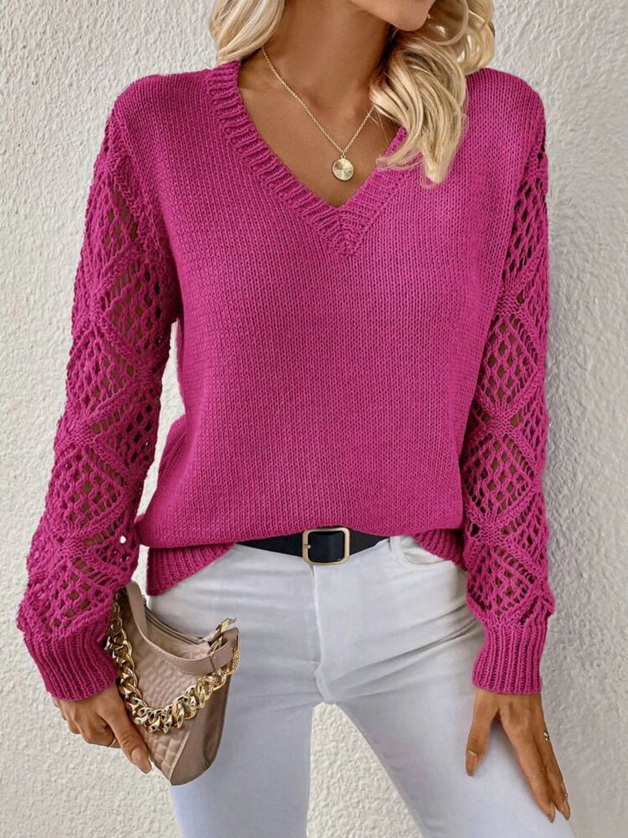 Stylish V-neck sweater with hollow long sleeves in a variety of trendy colors