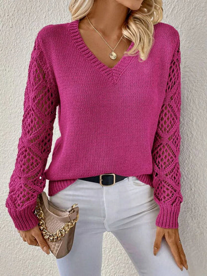 Stylish V-neck sweater with hollow long sleeves in a variety of trendy colors