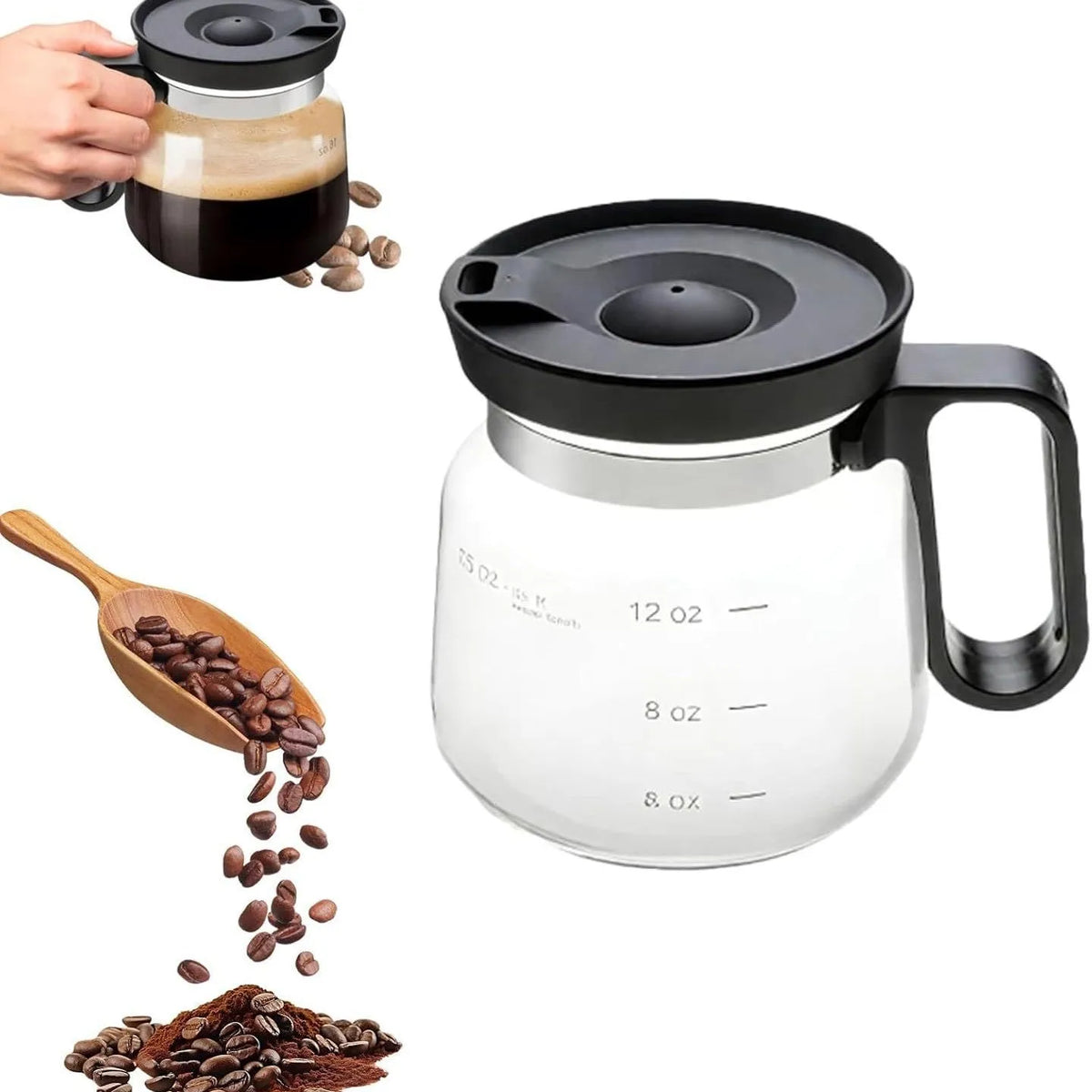 Black glass coffee cup with coffee pot style design, 470ml capacity