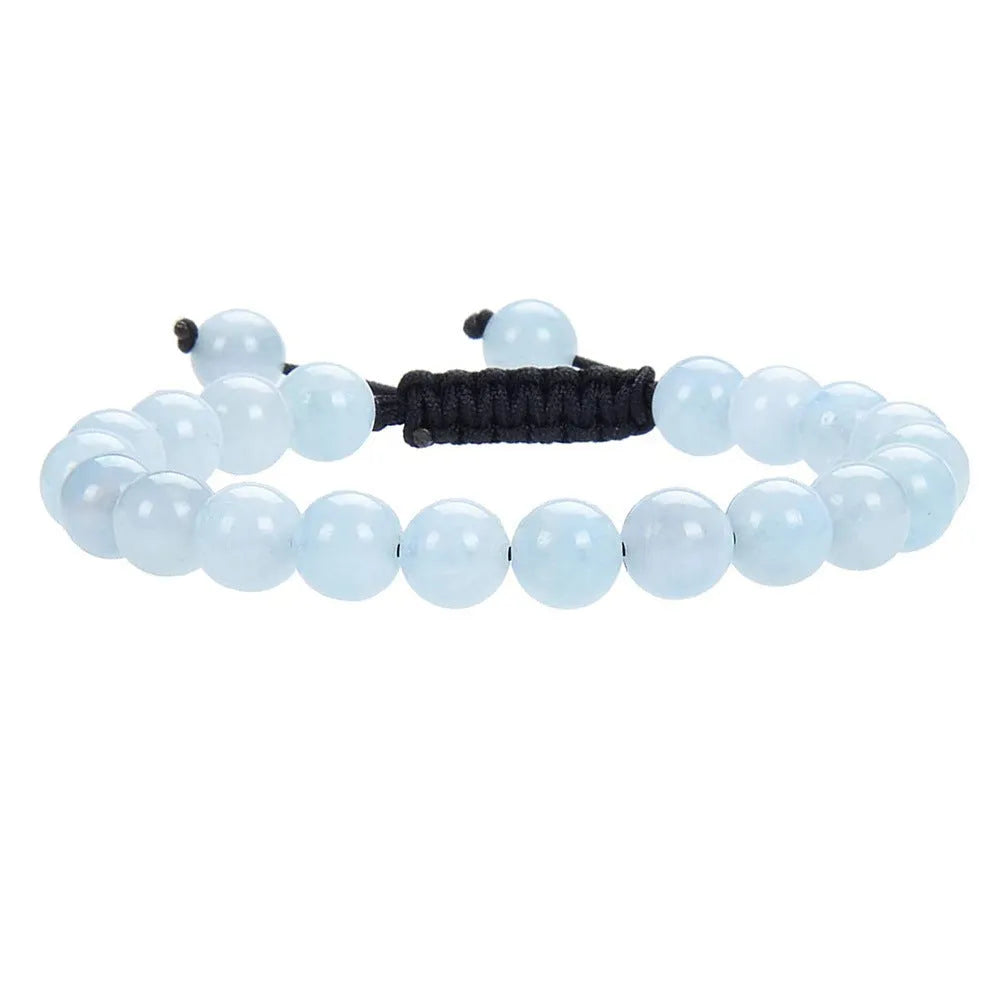 Women's flat knot braided healing bracelet hand-woven with natural gemstone beads in geometric pattern
