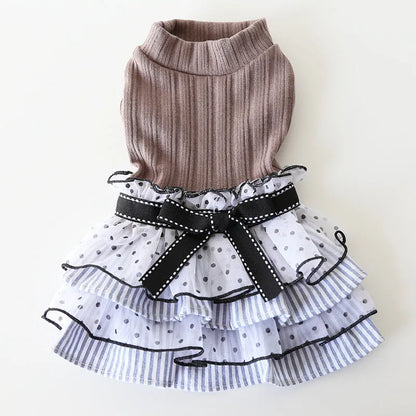 Polka dot lace cake princess dress for pets in taro purple, charcoal black, or iced coffee colours
