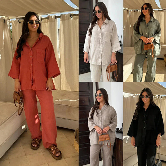 Stylish polyester wide-leg pants and long-sleeve shirt set in a variety of colors including beige, black, orange red, army green, and khaki