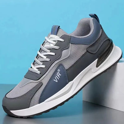 Men's colour block mesh sneakers in black, grey, and white with lace-up front and low-top design
