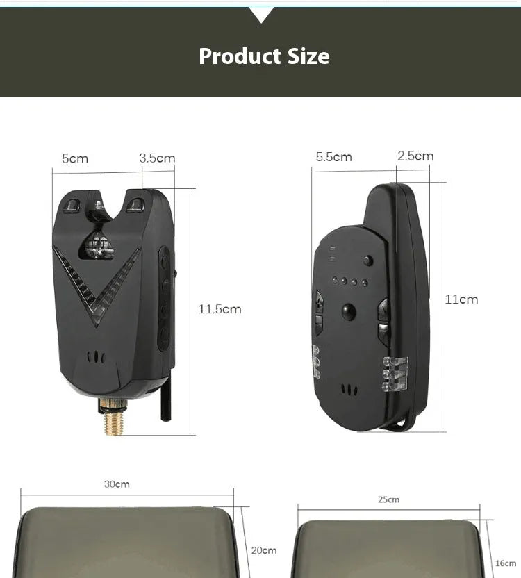Wireless fishing electronic alarm with remote receiver unit on a green background.