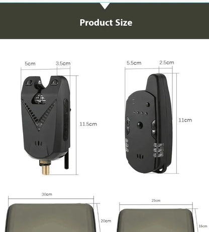 Wireless fishing electronic alarm with remote receiver unit on a green background.