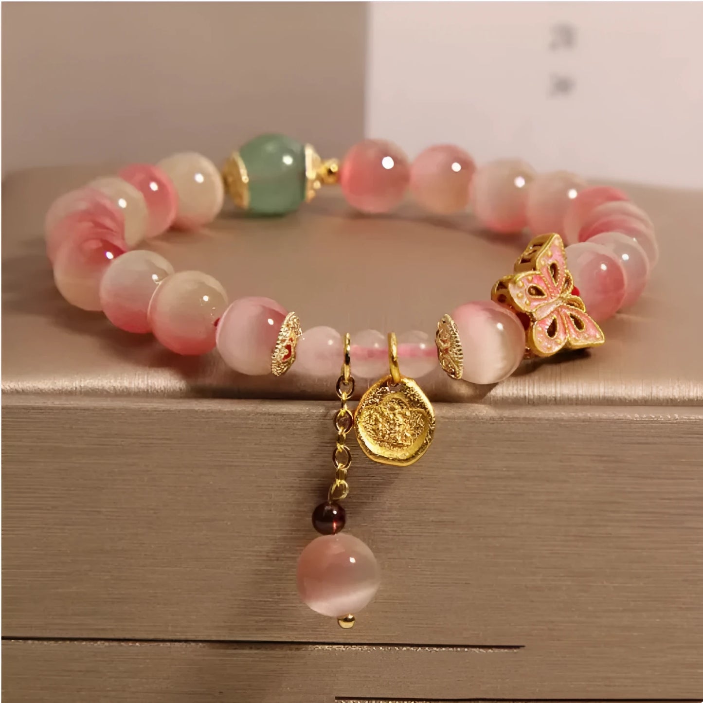 Pink opal butterfly women's bracelet with Chinese style design and electroplated finish