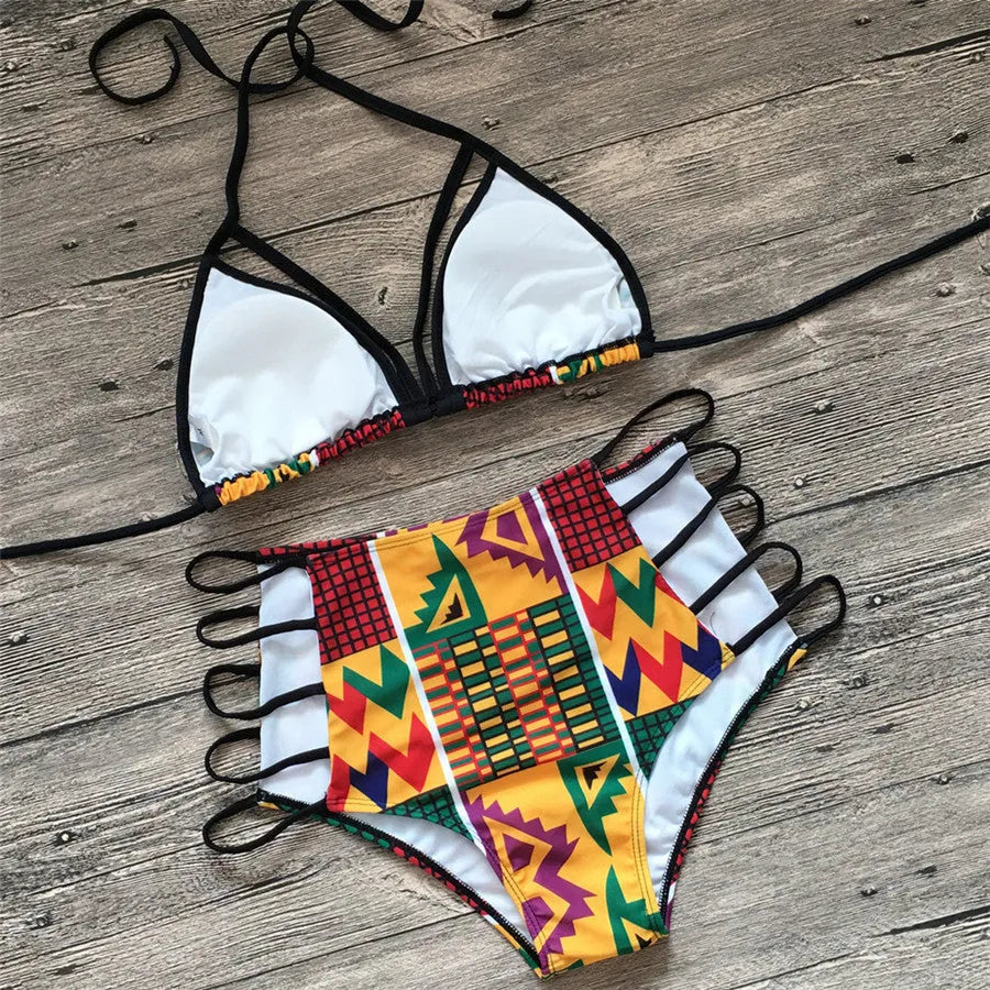 Women's digital print high-waisted bikini set with backless top and split briefs.