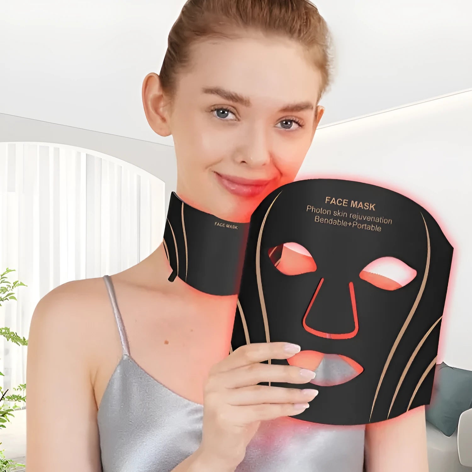 Black gold hard shell IPL and LED red light facial mask beauty device with headband.