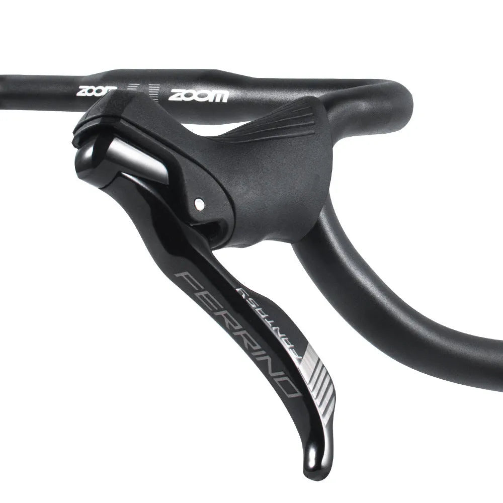 Black aluminium alloy road bike bent handlebar showing 420mm width and 31.8mm clamp area