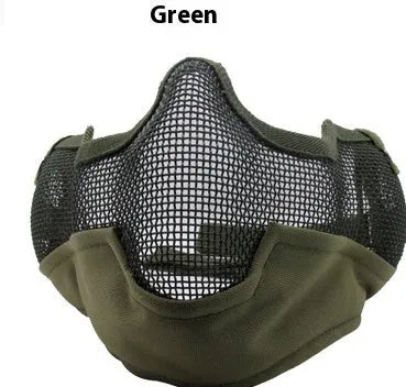 Carbon steel net protective face mask in camouflage pattern for outdoor field use.