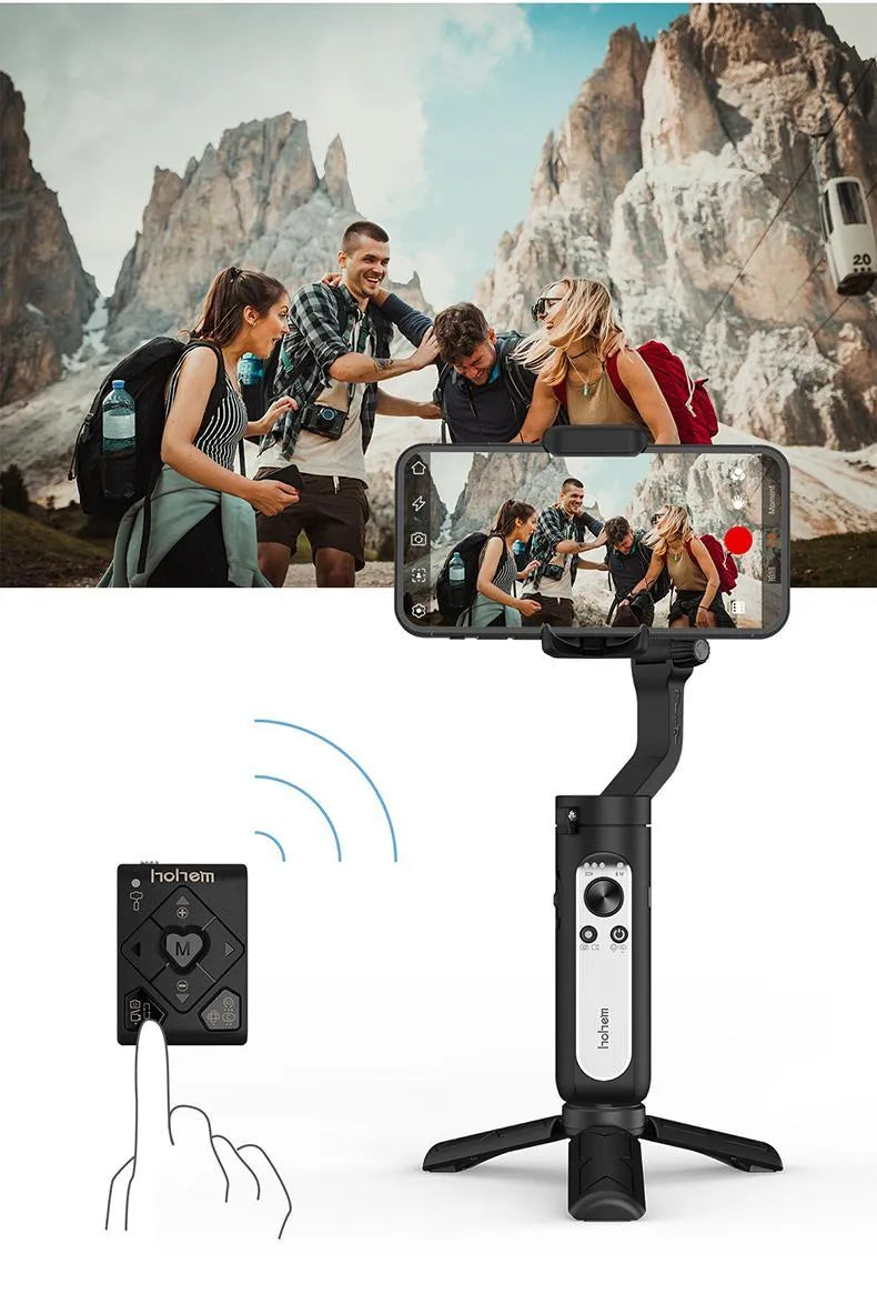 Three-axis mobile phone stabiliser with compact folded design showing black and white colour options