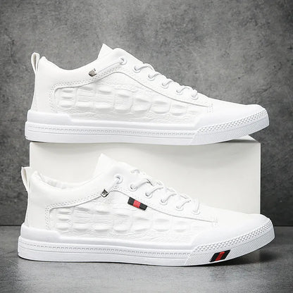 White men's casual sneakers with round toe and lace-up closure on rubber sole