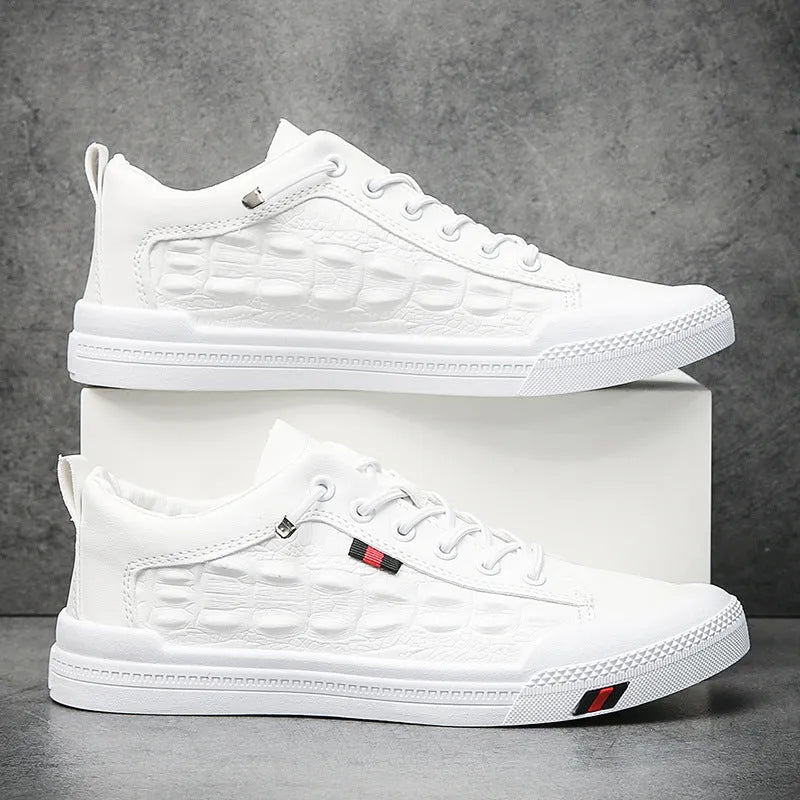 Men's casual sneakers in white PU leather with round toe design, lace-up closure, rubber sole, and cloth lining available in UK sizes 39-44 for everyday wear