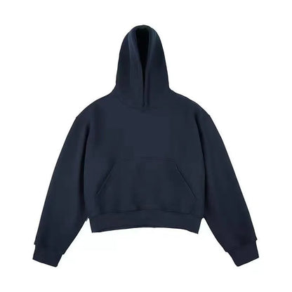 Short Chinese cotton composite hooded sweater with removable hood in dark grey.